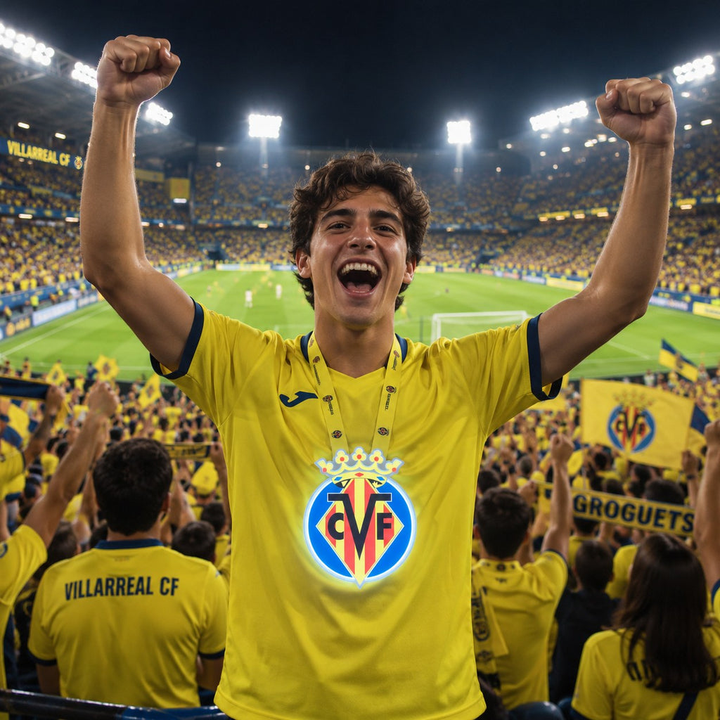 Aficionado en el estadio con el escudo luminoso del Villarreal CF al cuello