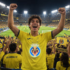 Aficionado en el estadio con el escudo luminoso del Villarreal CF al cuello